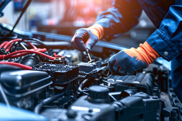 technician hands of car mechanic working repair in auto repair service electric battery and maintena