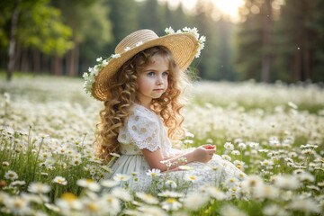 All-Russian day of family, love, fidelity. A beautiful little curly-haired girl in a straw hat with a bouquet of daisies on the background of a field of daisies. Valentine's Day of Peter and Fevronia.