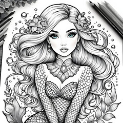 Illustration of beautiful mermaid for coloring book, mermaid illustration, ai generated