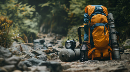 close-up shot captures the essential gear for wilderness mountain hiking and camping, featuring back