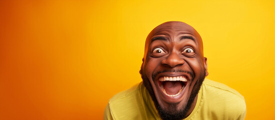 Wall Mural - A man with a big smile on his face is wearing a yellow shirt. He is looking at the camera and he is happy. Bald black guy smiling with mouth closed, eyes wide and excited of winning a prize