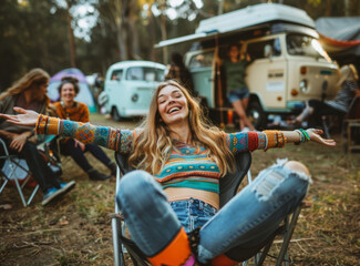 Young woman is sitting on a chair with her arms outstretched and having fun on a camping background during a music festival. The concept of leisure activities.