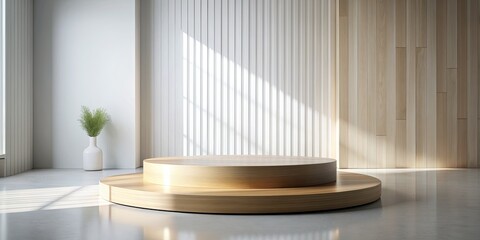 Sticker - Minimalist wooden pedestal in a sunlit room.