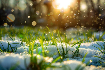 Wall Mural - the snow is melting, green grass is breaking out from under it, the concept of the arrival of spring 