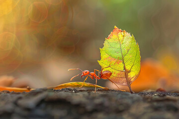 Wall Mural - The Strength of Nature An Ant Carrying a Leaf Across a Path 