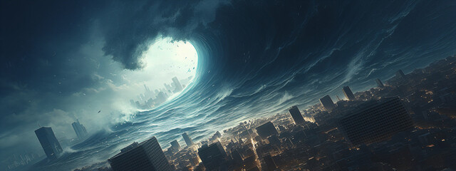 Wall Mural - Huge tsunami wave destroying modern city. Great earthquake.  Effect of global warming and climate change. Weather and dangerous natural disaster concept. Illustration for background, banner, wallpaper