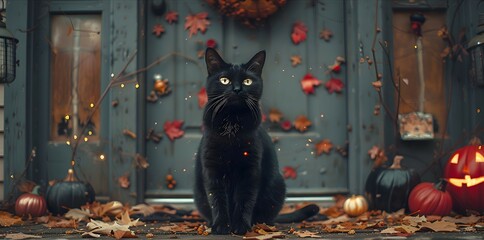 Wall Mural - A black cat sitting on a haunted house porch, surrounded by Halloween decorations and eerie lighting. Focus Stacking