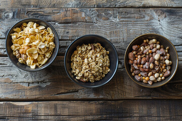 Three bowls of cereals and nuts on a wooden table Suitable for food and nutrition concepts 