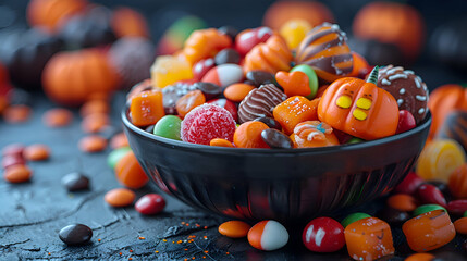 Wall Mural - A bowl of colorful Halloween candy, with various treats spilling out