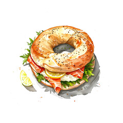 Wall Mural - Watercolor illustration of smoked salmon and cream cheese bagel sandwich on white background