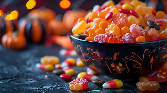 A bowl of colorful Halloween candy, with various treats spilling out