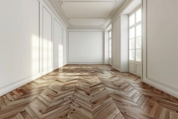 Wall Mural - Wood Floor Room. White Interior with Oak Parquet Flooring in 3D Room