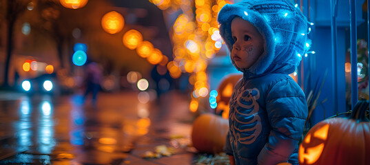 Wall Mural - A child dressed as a skeleton standing next to a grave on Halloween night, with spooky decorations in the background