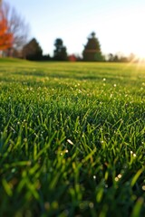 Poster - Detailed close up of lush bermuda grass lawn with young blades in vibrant green color