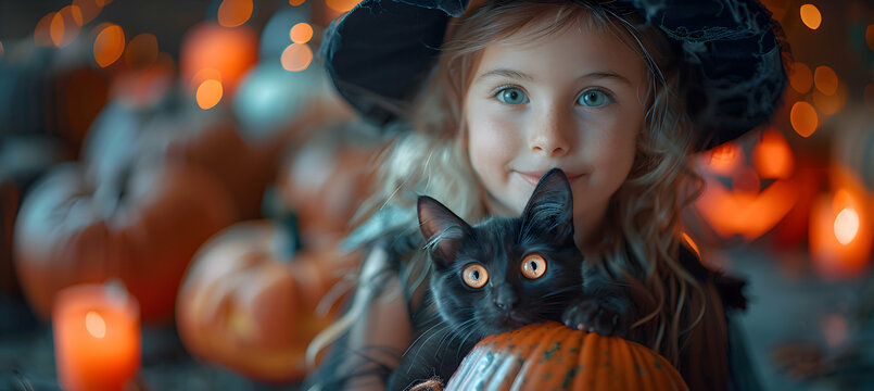 A child dressed as a witch holding a black cat on Halloween night, with spooky decorations in the background