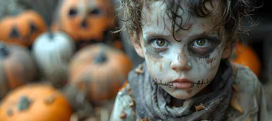 Wall Mural - A child dressed as a zombie for Halloween, with spooky face paint and decorations in the background