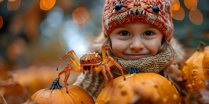 A child holding a creepy crawly Halloween toy, surrounded by spooky decorations