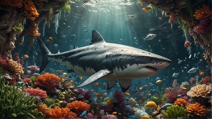 Wall Mural - Shark at the bottom of the ocean