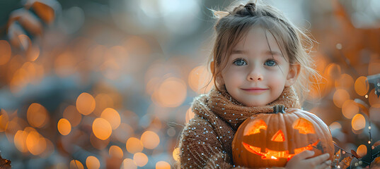 Wall Mural - A child proudly holding a freshly carved Halloween jack-o'-lantern
