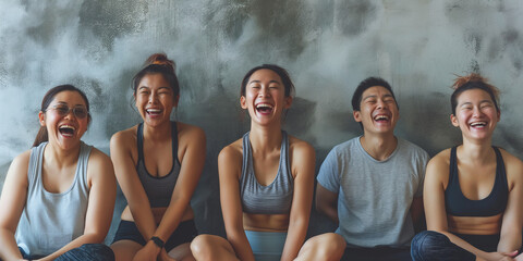 Wall Mural - Fitness, laughing and friends at the gym for training, Asian pilates class for active healthy lifestyle. exercise in a group for a workout, cardio or yoga in a studio 