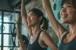 © sam - Fitness, laughing and friends at the gym for training, Asian pilates class for active healthy lifestyle. exercise in a group for a workout, cardio or yoga in a studio