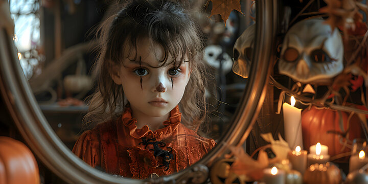 A child trying on a horror mask in front of a mirror, with spooky Halloween decorations around