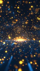 Wall Mural - Exploding golden particles and light rays in vibrant digital space
