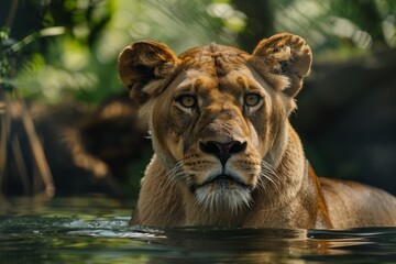 Canvas Print - Majestic lion swimming in water