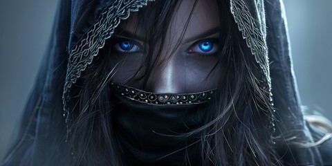 Wall Mural - Mysterious blue eyes peering from shadowy veil