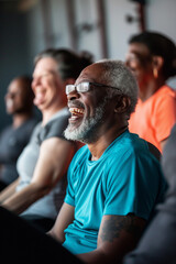 Wall Mural - Fitness, laughing and friends at the gym for training, black seniors pilates class for active retirement lifestyle. exercise in a group for a workout, cardio or yoga in a studio 