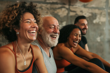 Wall Mural - Fitness, laughing and friends at the gym for training, seniors pilates class for active retirement lifestyle. exercise in a group for a workout, cardio or yoga in a studio 