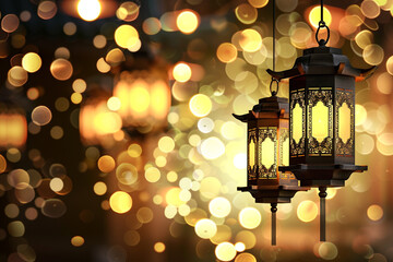 Wall Mural - Traditional Lanterns Illuminated Against a Golden Bokeh Background 
