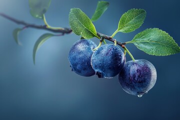 Wall Mural - Ripe blue plums on branch with leaves