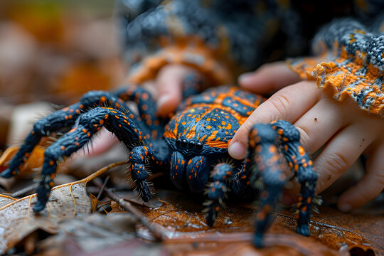 A close-up of a child's hand reaching for a creepy crawly Halloween toy