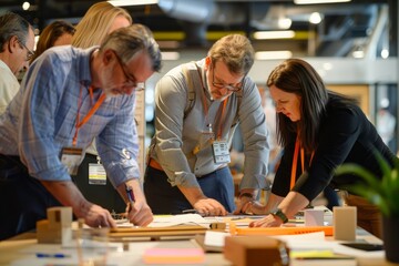 Wall Mural - Business professionals in a workshop collaborating around a wooden table