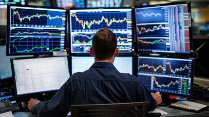 Aufkleber - Trader working at a desk with multiple monitors showing real-time stock charts and financial news.