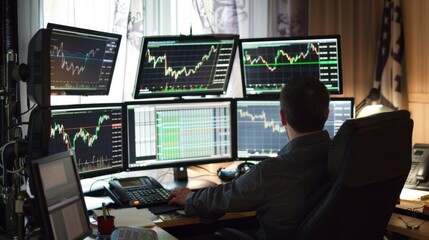 Aufkleber - Trader working at a desk with multiple monitors showing real-time stock charts and financial news.