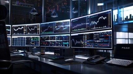 Aufkleber - Trader's desk with multiple monitors showing real-time financial charts and news updates.