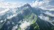 © ULTRAWORKS - A top view of a mountain peak surrounded by clouds, with lush green valleys below