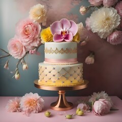 Canvas Print - two-tiered cake adorned with delicate pink flowers, exuding elegance and sophistication.