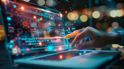 Hand of unrecognizable person working with laptop computer in business center. Data processing office with executive office staff. Displays showing statistics, graphs, customers, shipping. AI