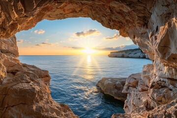 Poster - Stunning sunset view through rocky cave arch over serene ocean