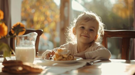 5 year old girl sitting happily at breakfast table enjoying morning sunshine