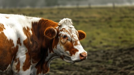 Brown and white cow with little horns on green gasssy meadow field looking at camera