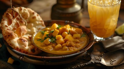 A dish of Indian chole bhature with a glass of mango lassi