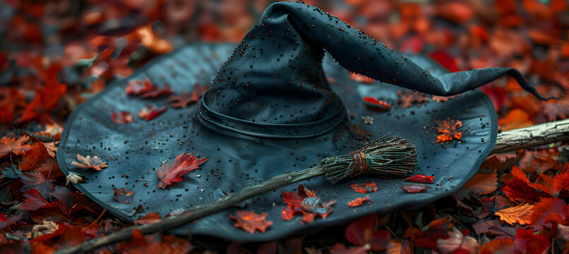 A close-up of a Halloween witch's hat and broomstick