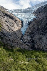 Wall Mural - Rocky range and glacier with green trees in the foreground. Briksdalsbreen, Norway