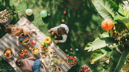 Sticker - A group of children is enjoying a picnic surrounded by grass, trees, and shrubs in a natural landscape. They are leisurely soaking up the sun and appreciating the beauty of the environment AIG50