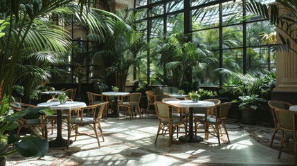 Cozy interior of a cafe in French style, glass table, large plants. Design and interior concept.