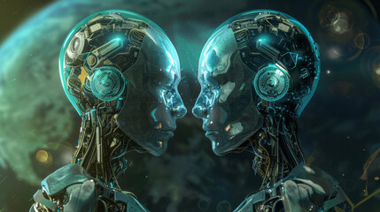 Wall Mural - Two robot heads with blue eyes and green bodies. The robots' heads look at each other. Technology concept.